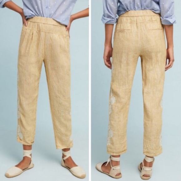 Anthropologie 100% Linen Yellow Stripe Floral Embroidered Pants Sz Sml Boho - Picture 2 of 15